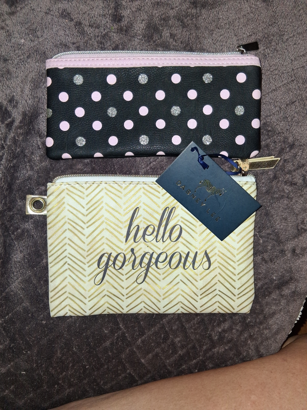 Dabney Lee Pink Polka Dot and Gold Accent Cosmetic Pouches Set